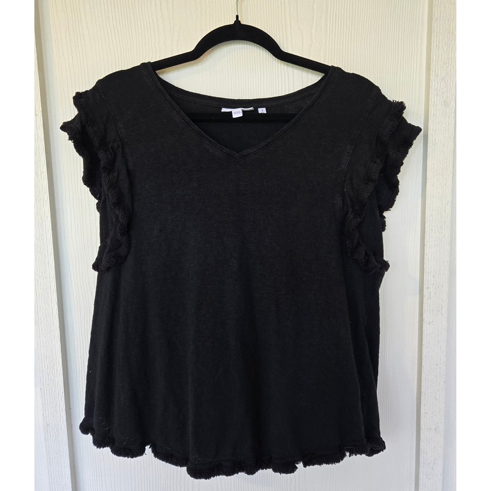Chicos Black 100% Linen Ruffle Sleeve V-Neck Top 3/XL Vacation Coastal Eurotrip